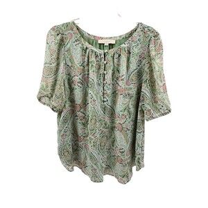 LOFT Pistachio Green Paisley Boho Blouse Puff Sleeve Button Front Lined XL